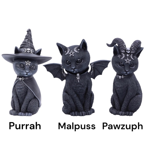 Set Of Three Small Witchy Cats - Purrah-(Witch Hat), Malpus-(Wings) & Pawzuph-(Horns)